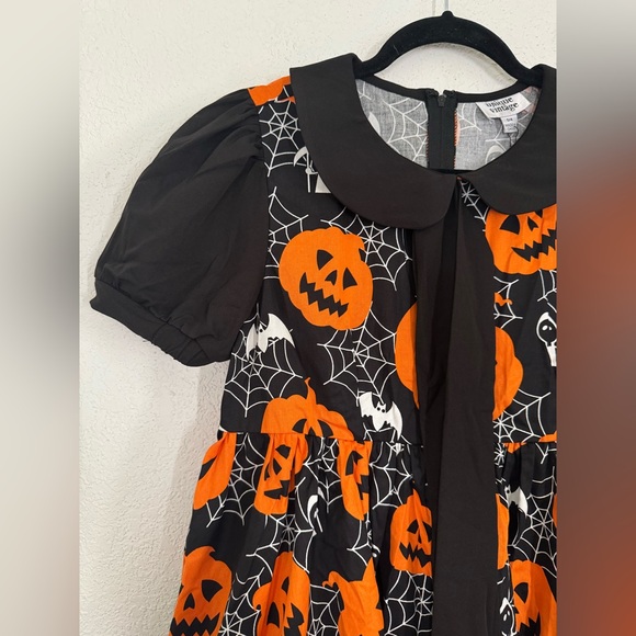 Unique Vintage Pumpkins & Spiderwebs Arden Babydoll Mini Dress Small NEW - Picture 3 of 8